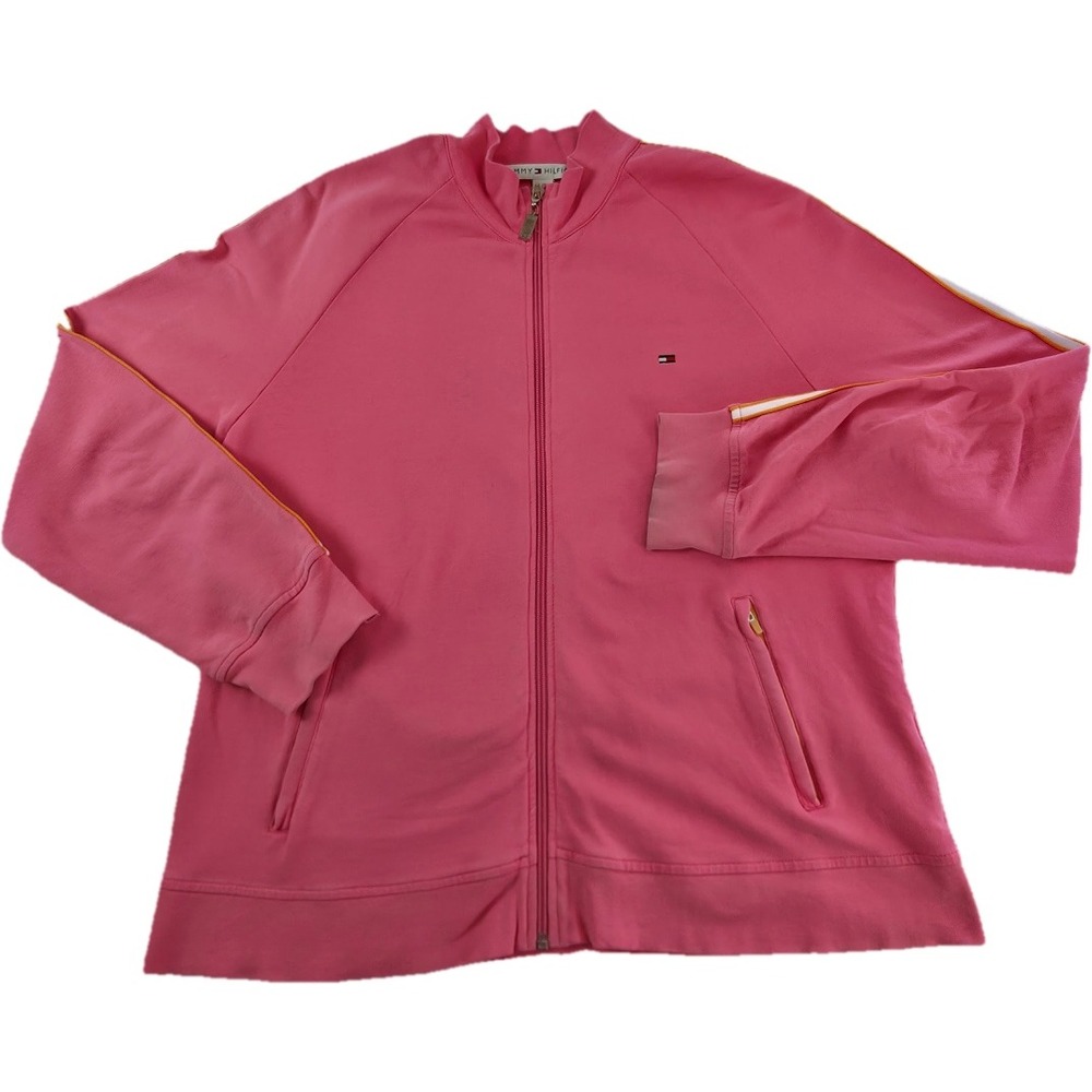 Tommy Hilfiger Track Jacket Women XL Pink Full Zip Stripe Mock Neck